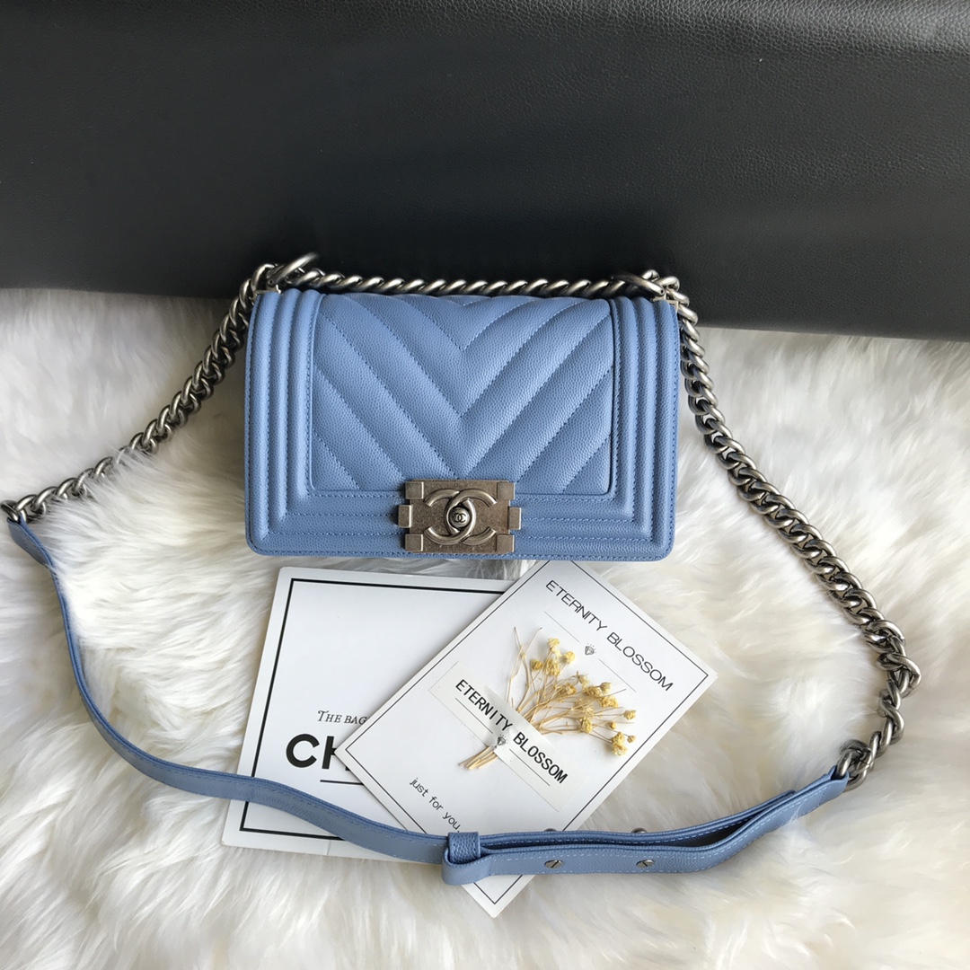 Caviar Small Boy Handbag Flap Bag A67085 Blue/Silver